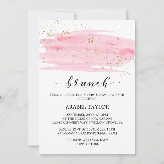 Waterverf Roze Blush & Gold Sparkle Brunch Kaart (Voorkant)