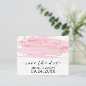 Waterverf Roze Blush & Gold Weddenschap Bewaar de  Aankondigingskaart (Staand voorkant)