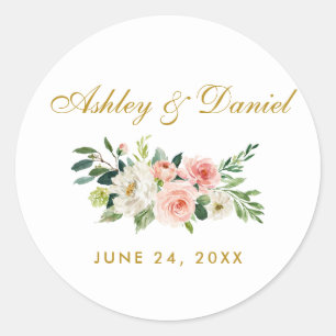 Waterverf Roze Blush Goud Bloemen Bruiloft Ronde Sticker