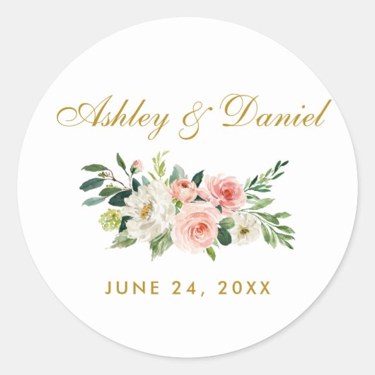 Waterverf Roze Blush Goud Bloemen Bruiloft Ronde Sticker (Voorkant)