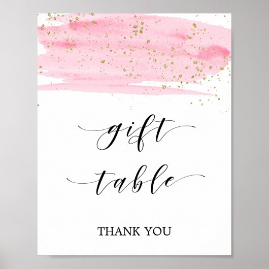 Waterverf Roze Blush & Gouden Cadeau Tafelkaart Poster (Voorkant)