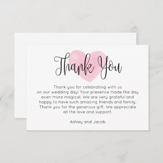 Waterverf roze blush hart. Modern script bruiloft Bedankkaart (Voorkant / Achterkant)
