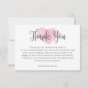 Waterverf roze blush hart. Modern script bruiloft Bedankkaart