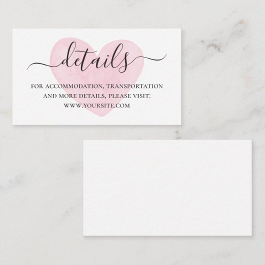 Waterverf roze blush hart script huwelijksdetails informatiekaartje (Voorkant / Achterkant)