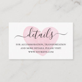 Waterverf roze blush hart script huwelijksdetails informatiekaartje