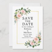 Waterverf Roze Blush Rozen Foto Goud Lijst Save The Date (Voorkant)