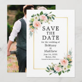 Waterverf Roze Blush Rozen Foto Goud Lijst Save The Date (Voorkant / Achterkant)