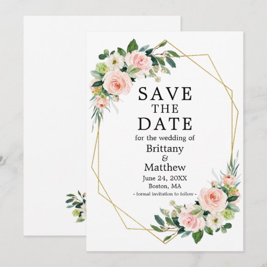 Waterverf Roze Blush Rozen Gold Geo Lijst Save The Date (Voorkant / Achterkant)