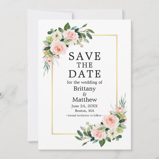 Waterverf Roze Blush Rozen Gold Lijst Save The Date (Voorkant)