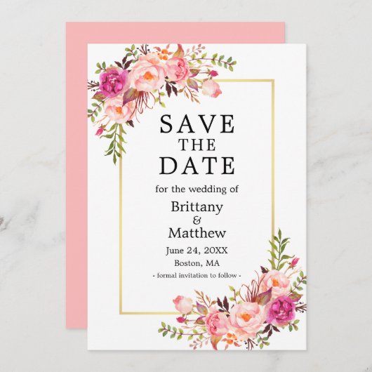 Waterverf Roze Blush Rozen Gold sparen de datum Save The Date (Voorkant / Achterkant)