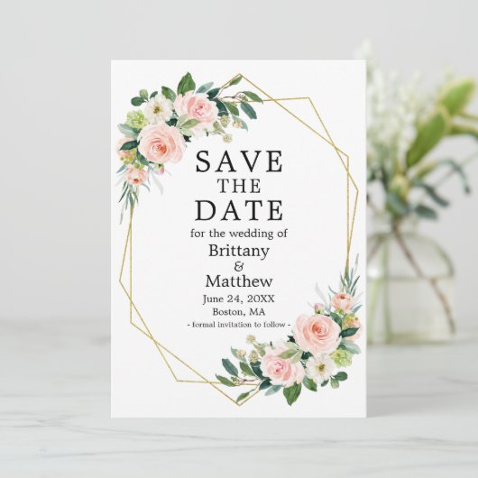 Waterverf Roze Blush Rozen Greenery Geo Lijst Save The Date (Staand voorkant)