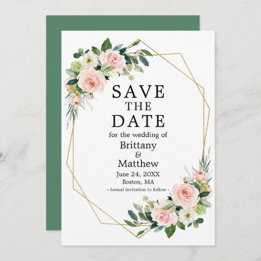 Waterverf Roze Blush Rozen Greenery Geo Lijst Save The Date (Voorkant / Achterkant)