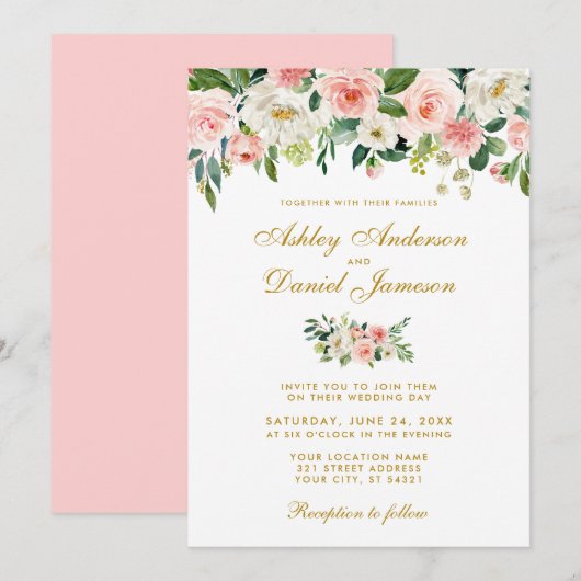 Waterverf Roze Blush White Floral Gold Wedding P Kaart (Voorkant / Achterkant)