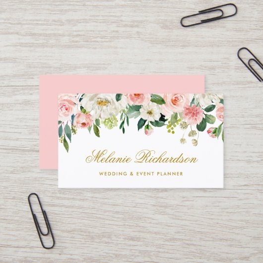 Waterverf Roze Blush Wit Bloemen Goud Elegant Visitekaartje (Voorkant / Achterkant in situ)