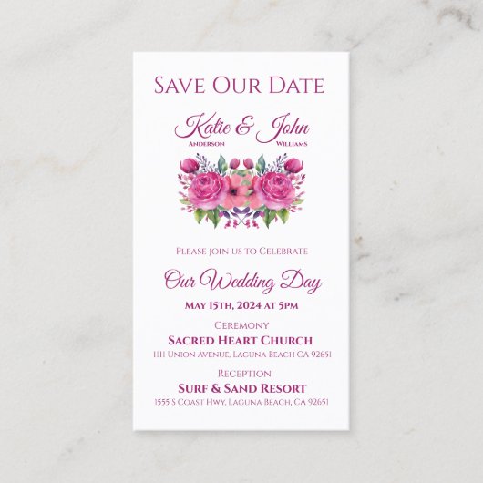 Waterverf Roze Boeket-Bruiloft Save the Date- Visitekaartje (Voorkant)