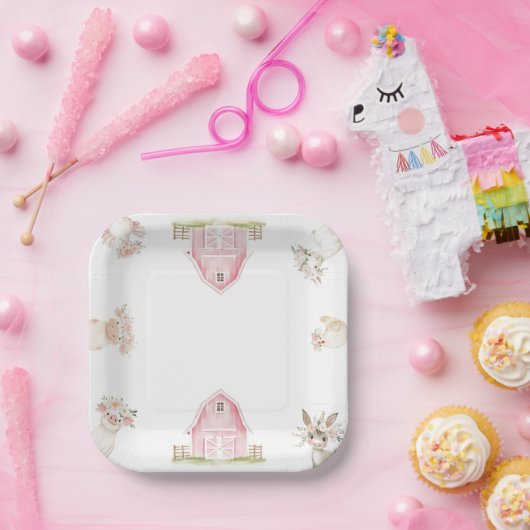 Waterverf Roze Boerderijdieren Baby shower Borden Papieren Bordje (Feest)