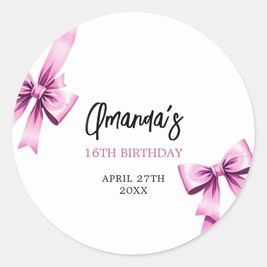 Waterverf Roze Bogen Coquette Sweet 16 Verjaardag Ronde Sticker (Voorkant)