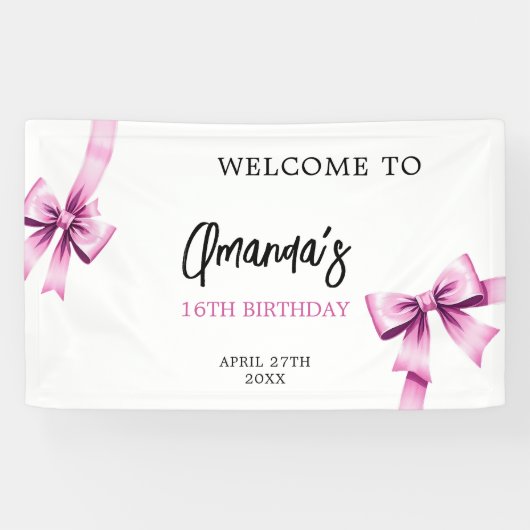 Waterverf Roze Bogen Coquette Sweet 16 Verjaardag Spandoek (Horizontaal)