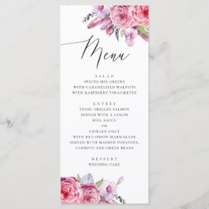 Waterverf roze boho bloem- en veren bruiloft menu