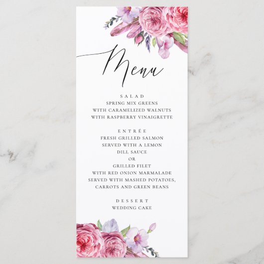 Waterverf roze boho bloem- en veren bruiloft menu (Voorkant)
