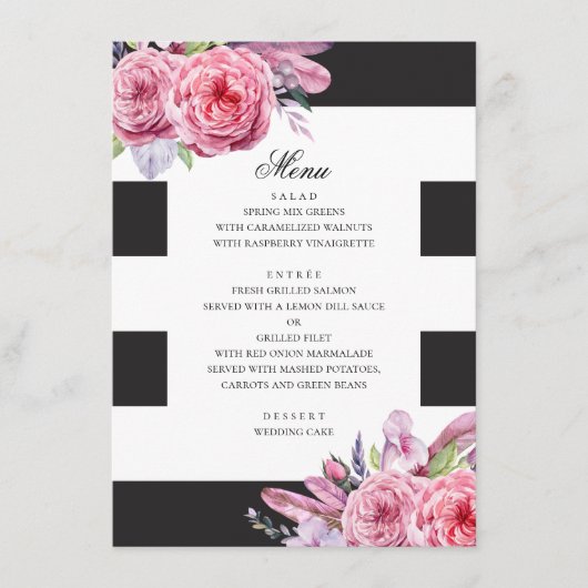 Waterverf roze boho bloemen en veren bruiloft menu (Voorkant)