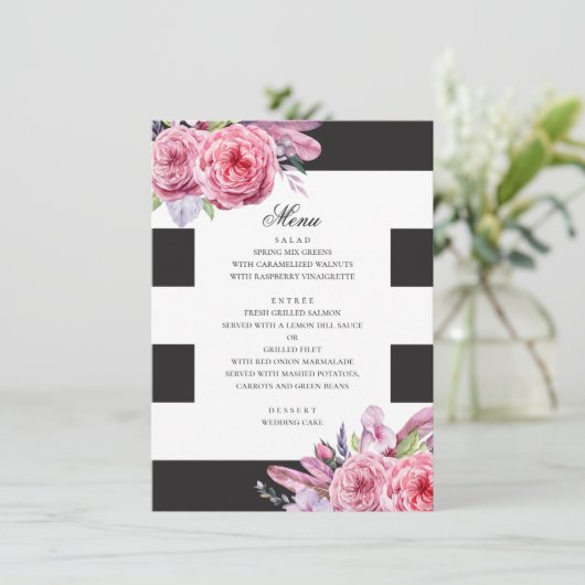 Waterverf roze boho bloemen en veren bruiloft menu (Staand voorkant)