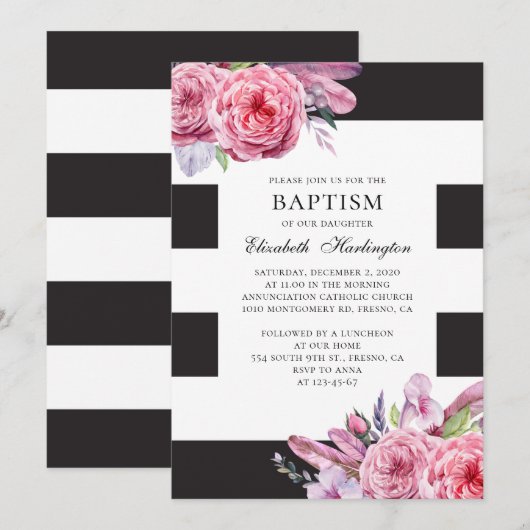 Waterverf roze boho bloemen en veren doop kaart (Voorkant / Achterkant)