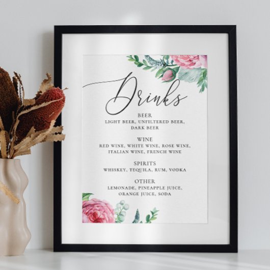 Waterverf roze boho floral bruiloft drink poster
