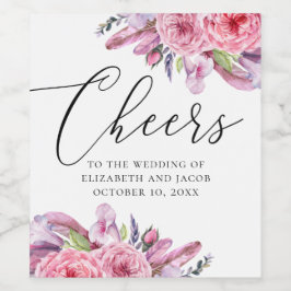 Waterverf roze boho florale veren bruiloft wijn etiket