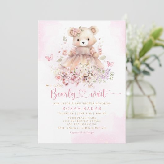 Waterverf Roze Boho Teddy Bear Meisje Baby shower Kaart (Staand voorkant)