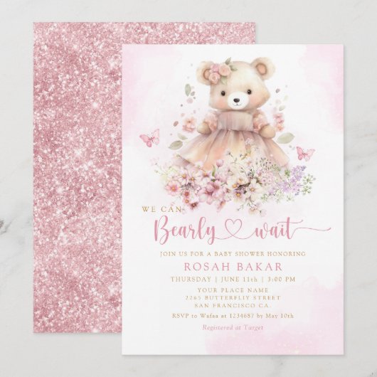 Waterverf Roze Boho Teddy Bear Meisje Baby shower Kaart (Voorkant / Achterkant)