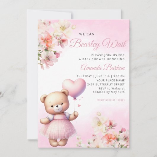Waterverf Roze Boho Teddy Bear Meisje Baby shower Kaart (Voorkant)