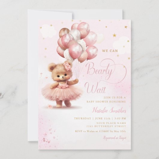 Waterverf Roze Boho Teddy Bear Meisje Baby shower Kaart (Voorkant)