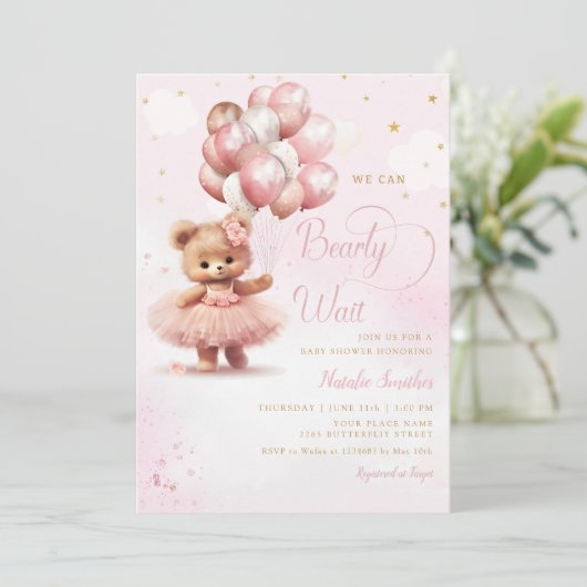 Waterverf Roze Boho Teddy Bear Meisje Baby shower Kaart (Staand voorkant)