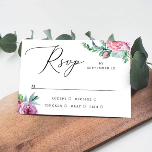 Waterverf roze boho tuin bloemrijke script trouwen RSVP kaartje