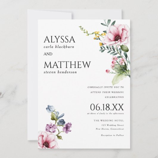 Waterverf roze bordeaux groen bloemenbruiloft kaart (Voorkant)