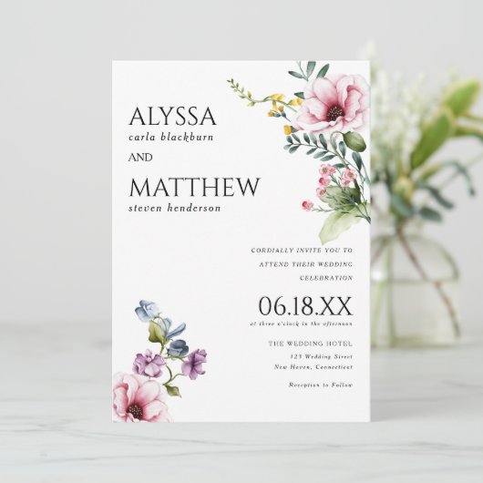 Waterverf roze bordeaux groen bloemenbruiloft kaart (Staand voorkant)