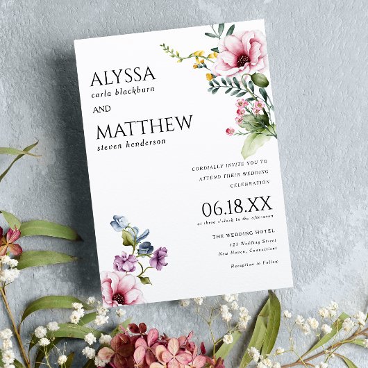 Waterverf roze bordeaux groen bloemenbruiloft kaart