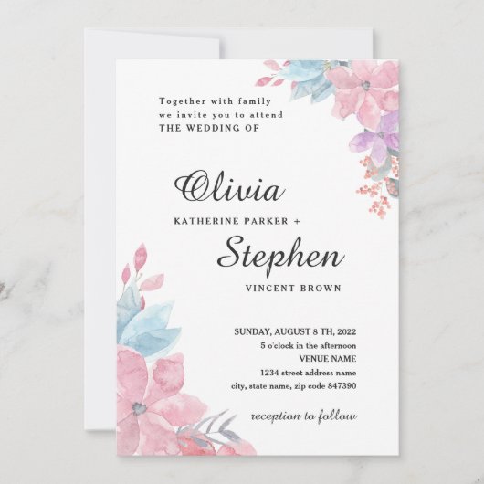 Waterverf roze botanische bloemenbruiloft. blozen kaart (Voorkant)