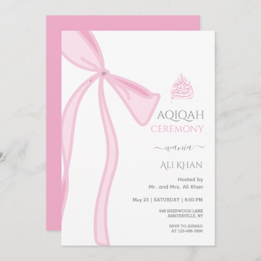 Waterverf Roze Bow Baby meisje Aqiqah Kaart (Voorkant / Achterkant)