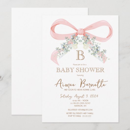 Waterverf Roze Bow Baby shower Kaart (Voorkant / Achterkant)