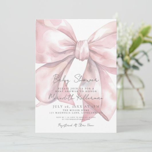 Waterverf Roze Bow Baby shower Kaart (Staand voorkant)