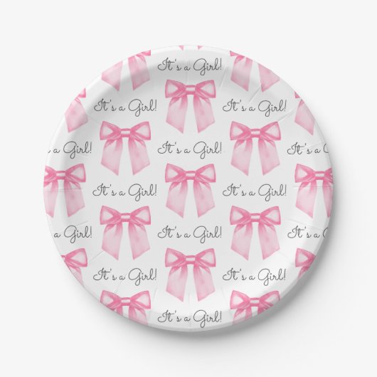 Waterverf Roze Bow Baby shower Papieren Bordje (Voorkant)