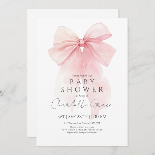 Waterverf Roze Bow Baby shower Uitnodiging (Voorkant / Achterkant)