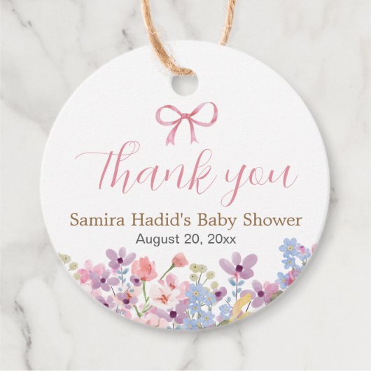 Waterverf Roze Bow Bloemen Meisje baby shower Bedankjes Labels (Voorkant)