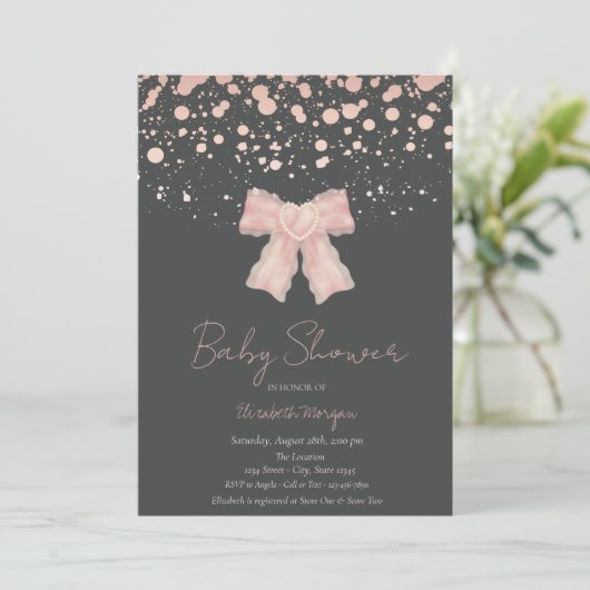 Waterverf Roze Bow Confetti Roos Goud Baby shower Kaart (Staand voorkant)