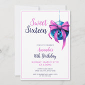 Waterverf Roze Bow Disco Ball Sweet 16 Verjaardag Kaart (Voorkant)