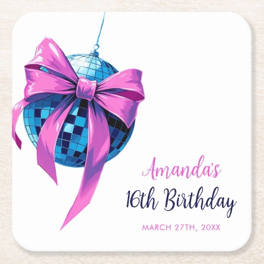 Waterverf Roze Bow Disco Ball Sweet 16 Verjaardag Kartonnen Onderzetters (Voorkant)
