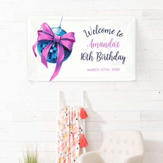 Waterverf Roze Bow Disco Ball Sweet 16 Verjaardag Spandoek (Insitu)