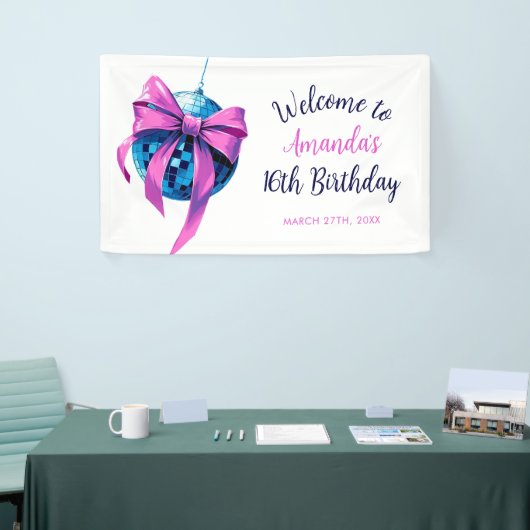 Waterverf Roze Bow Disco Ball Sweet 16 Verjaardag Spandoek (Beurs)